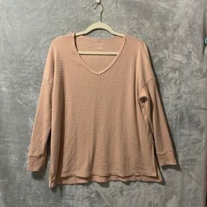 American Eagle Waffle Knit Thermal V-Neck‎ Top Pink Oversized Long Sleeve Medium